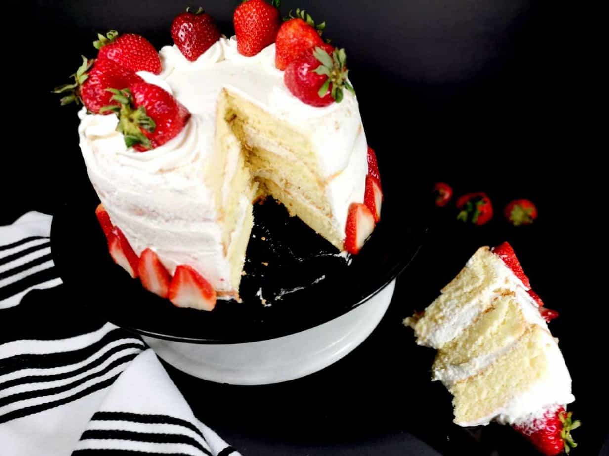 Strawberry Pineapple Vanilla Chiffon Cake with stabilized whipped cream frosting.